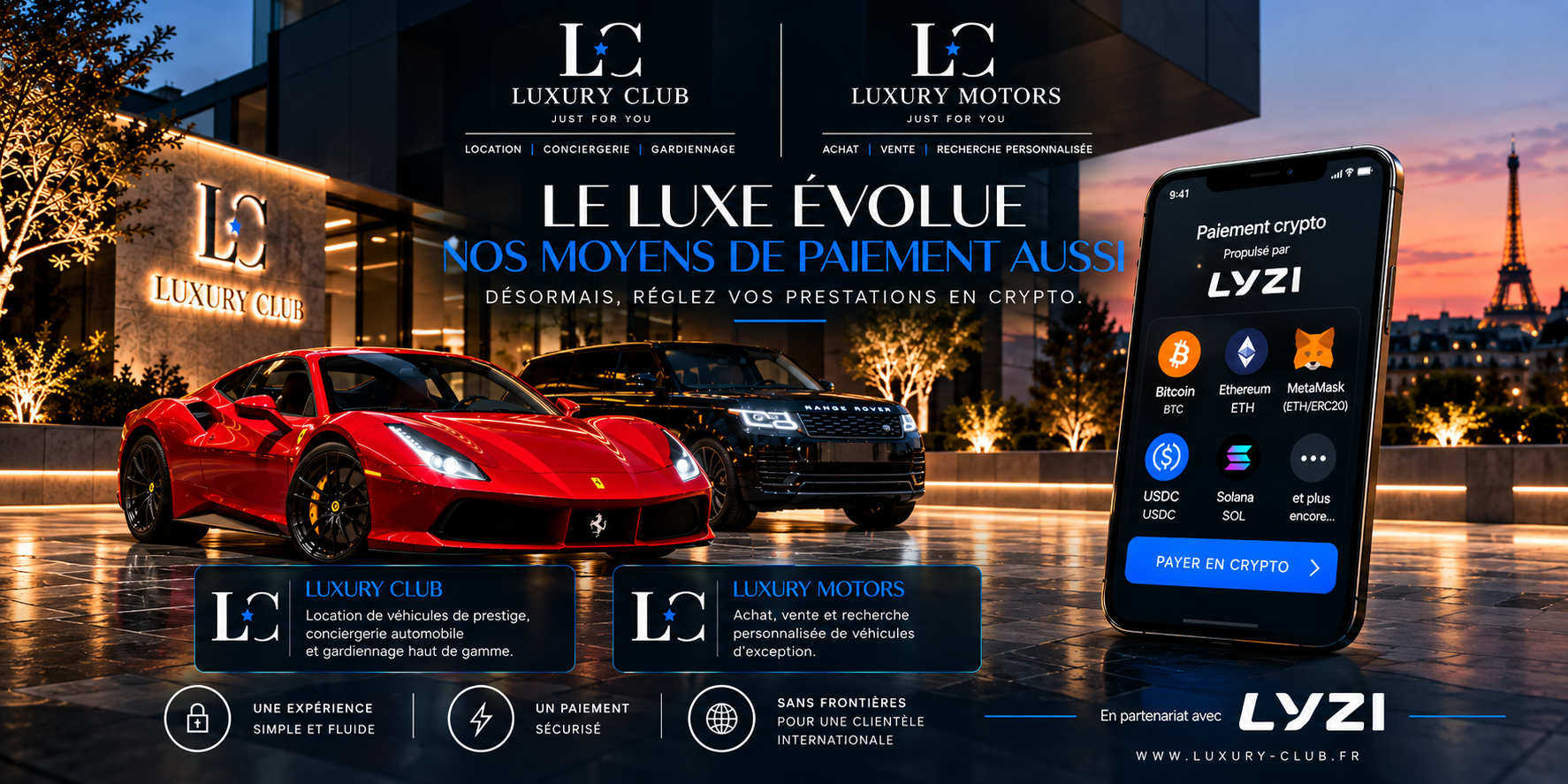 Location de voiture de luxe à Paris, Luxury Club accepte les paiements en cryptomonnaies